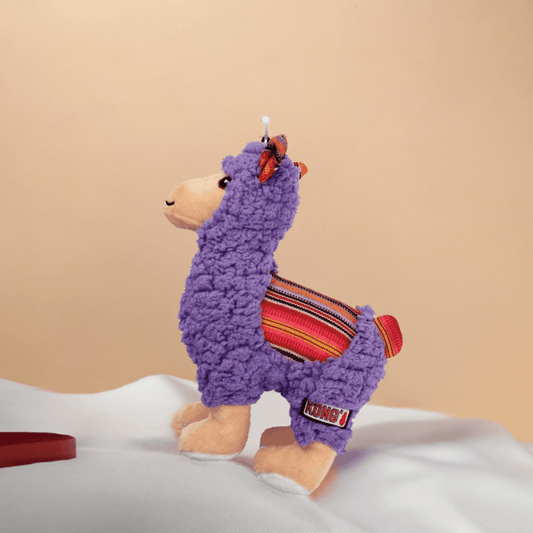 KONG Sherps legebamse i plys, æsel eller lama med piv og knitre til hund