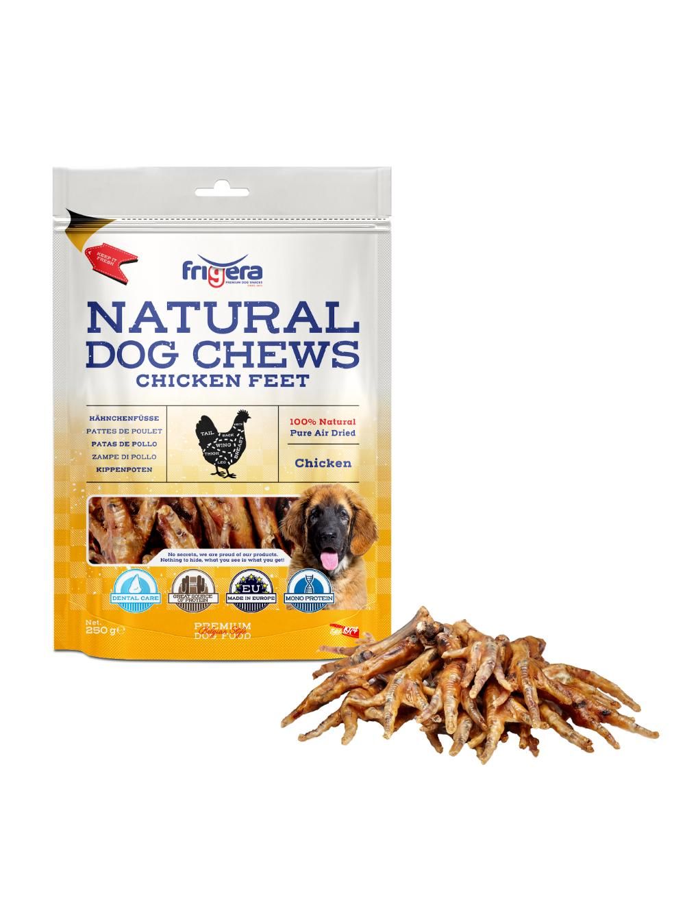 Frigera Natural dog Chews Kyllingefødder, 250 gram, fremstillet i Europa - NYHED