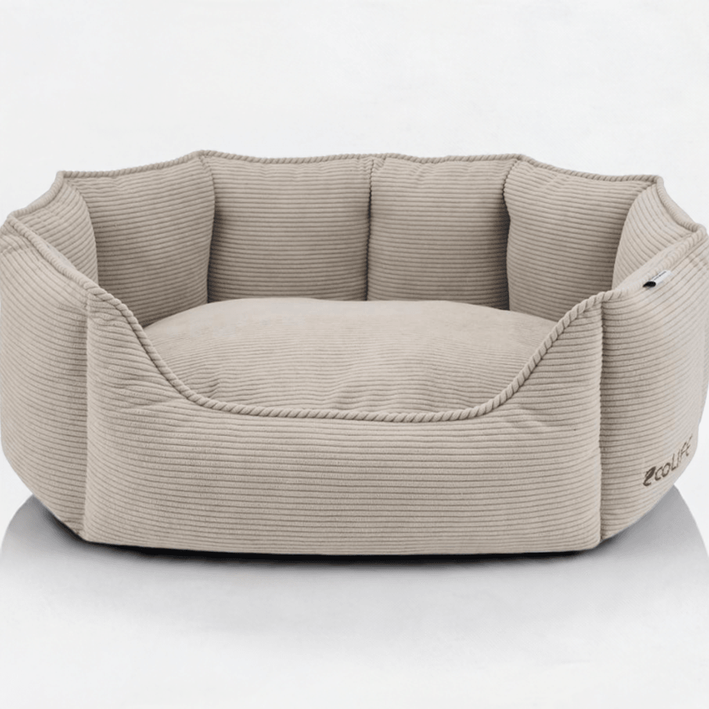 Hundeseng "Fiona" fra Nordic Paws set forfra – i blød, gråbeige fløjl med høje kanter og elegant finish.