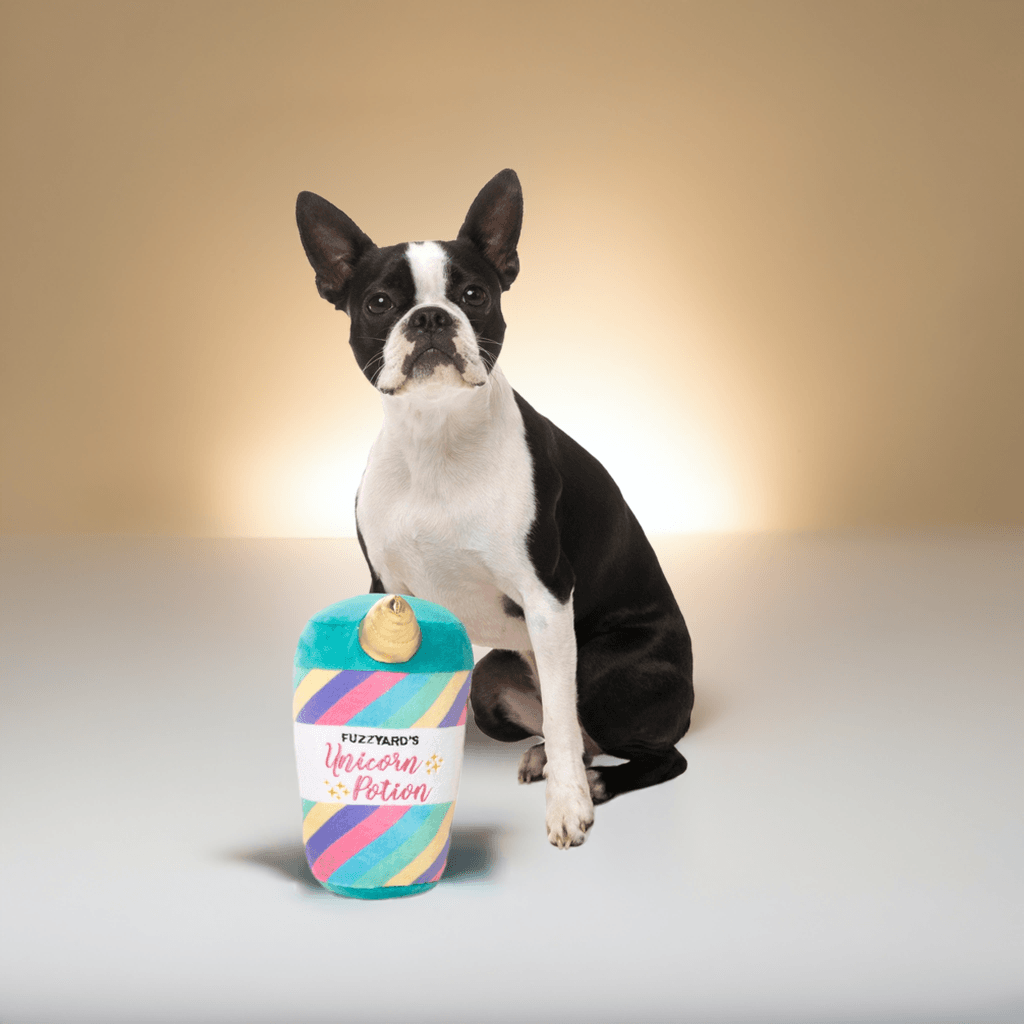 Fuzzyard hundebamse "Unicorn Potion" – blødt plyslegetøj i blå med squeaker til hunde