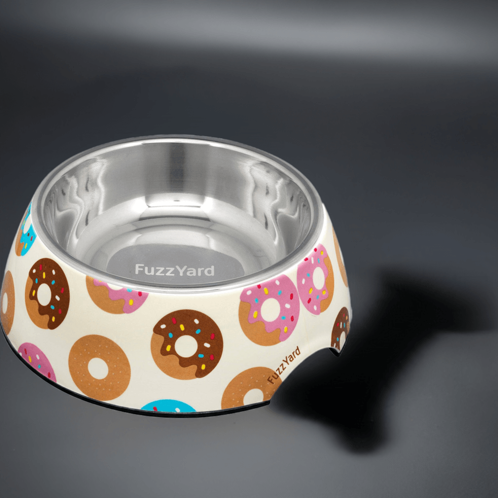 Fuzzyard dog bowl, "Go Donuts"