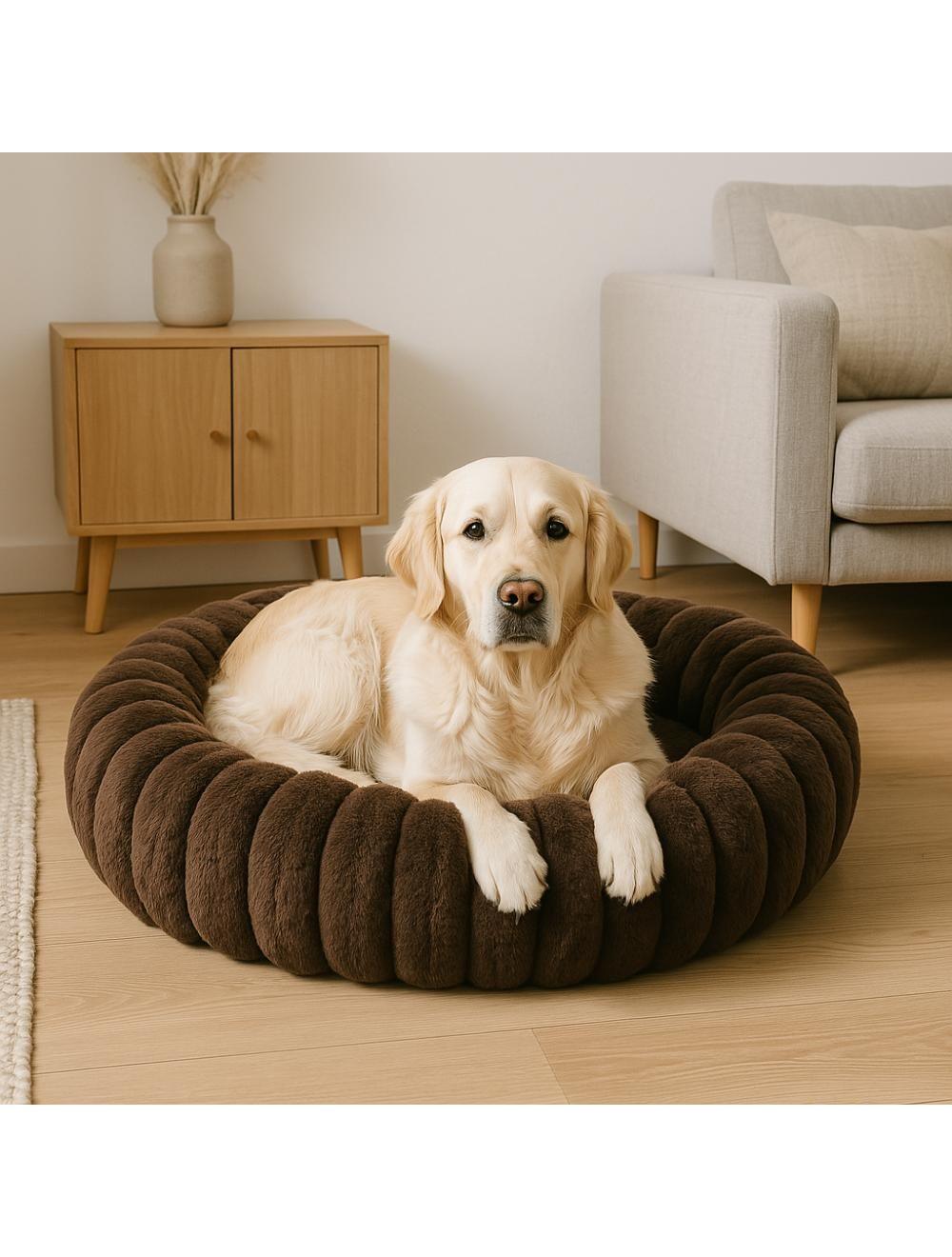 Nordic Paws Ripple Comfort hundeseng i rillet plys og espressofarve, rund med anti-slip bund