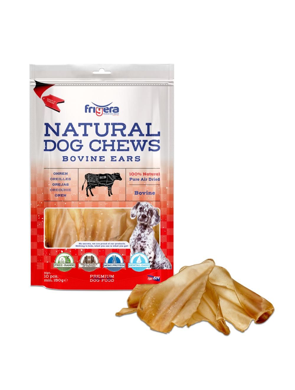 Frigera Natural dog Chews Okseører, 10 stk, 100% naturlig, fremstillet i Europa - NYHED